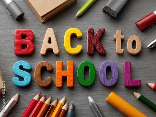 Colorful Wooden Letters Spelling 'Back to School' with Books and Pencils on Gray Background, Flat Lay for Education and Design.