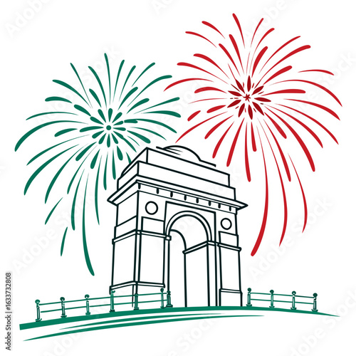India gate with colorful fireworks isolated on white background illustration