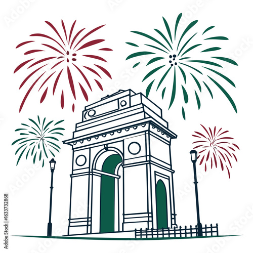 India gate with fireworks and lamps isolated on white background illustration