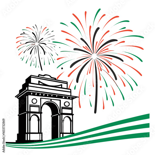 India gate with fireworks and stripes isolated on white background illustration