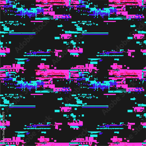 A seamless vector pattern combining pixel art with glitch and VHS scan lines. A retro, cyberpunk design with a corrupted and distorted digital aesthetic.