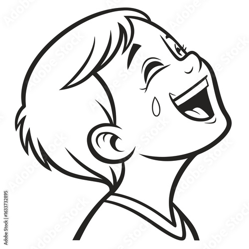 A boy is crying tears of joy while laughing isolated on white background