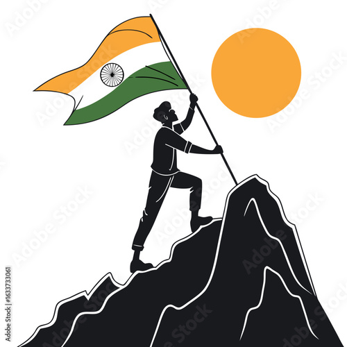 Man hoisting the indian flag on a mountain peak isolated on white background