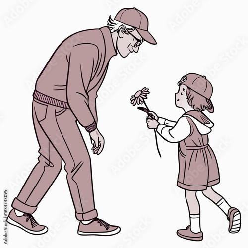A grandfather receives a flower from his granddaughter isolated on white background