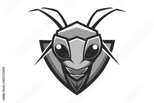 Intense ant head with stylized mandibles shows a monochrome shieldlike appearance