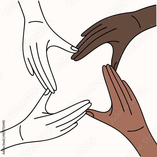 Diverse hands joining together isolated on white background to show unity