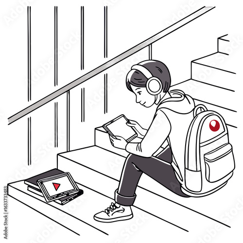 Student with backpack watching video on tablet while sitting on stairs