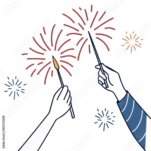 Hands holding sparklers isolated on white background, celebrating a festive event