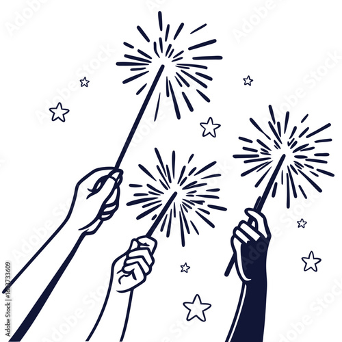 Hands holding sparklers with stars isolated on white background
