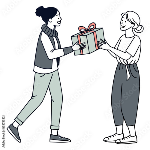 Two women giving a gift to each other isolated on white background