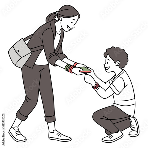 Woman is giving money to a child isolated on white background