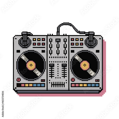 Stylized isometric pixel DJ console with colored buttons and twin vinyl decks vector illustration design.