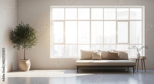 Bright room with large window sofa plant and small table minimalist interior.