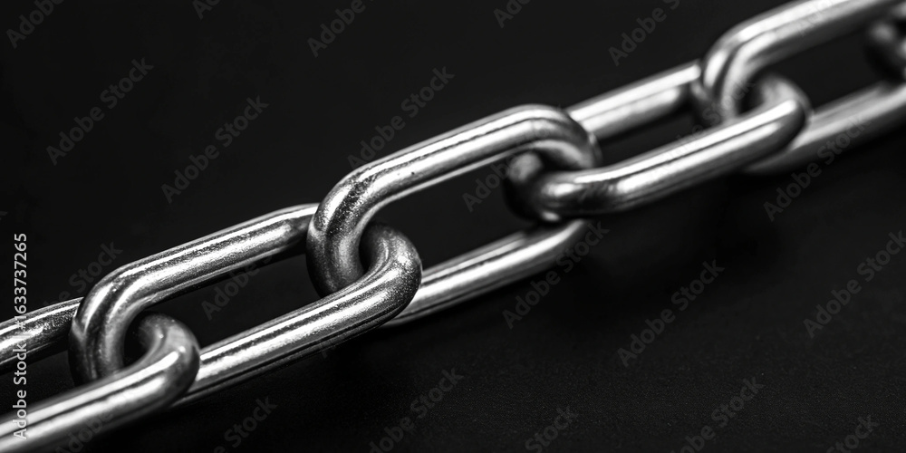 Fototapeta premium Closeup of Metal Chain Links on Black Background – Metal, Steel, Industrial, Strong, Heavy, Link, Closeup, Durable, Macro, Strength, Background
