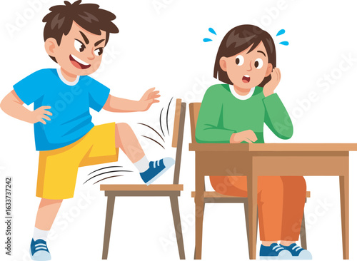 Aggressive boy with a mischievous grin kicking a classmates chair causing her to look scared and surprised.