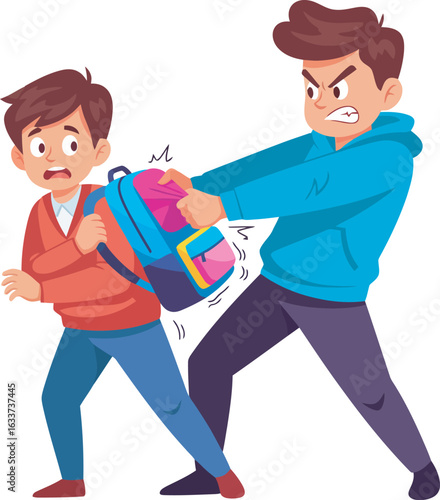 Angry boy in a blue hoodie aggressively pulling a backpack from a scared smaller student.