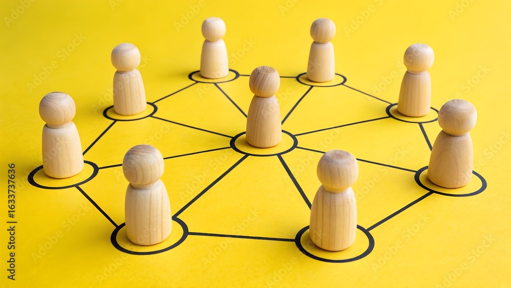 Obraz premium Unified Connections – Teamwork, Collaboration, and Social Networks, Business, Conceptual, Strategy, Abstract, Wooden Figurine Network