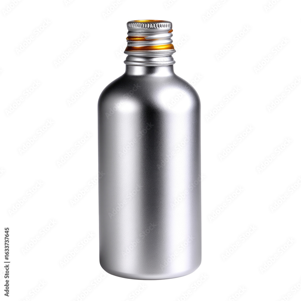 Silver Metal Bottle with Screw Cap, Isolated on White Background, Perfect for Beverage, Liquid Storage, and Product Packaging Use in Commercial Settings Silver Metal Bottle with Screw Cap, Isolated on White Background, Perfect for Beverage, Liquid Storage, and Product Packaging Use in Commercial Settings