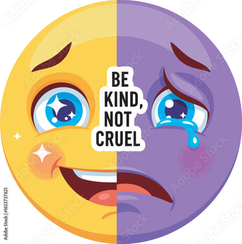 Dual-faced emoji with happy yellow and sad purple sides illustrating kindness versus cruelty with text.