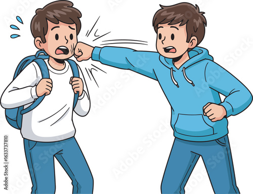 Aggressive boy in a blue hoodie punching a scared student with a backpack.