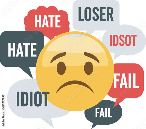 A sad yellow emoji with a frowning face surrounded by colorful speech bubbles containing negative words like hate loser and fail representing cyberbullying.