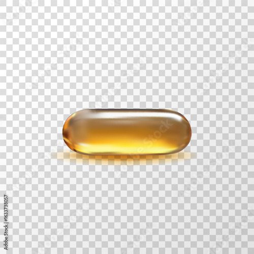 Single realistic golden oil capsule isolated on white background. Glossy vitamin or serum gel pill for cosmetic, medical, or health care design concepts.