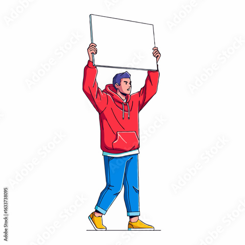 Man holding blank protest sign board in flat vector illustration style