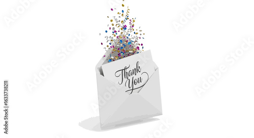 3D opened envelope with confetti and card reading “Thank You,” symbolizing appreciation 