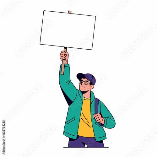 Man holding blank protest sign board in flat vector illustration style