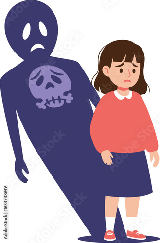 Sad young girl haunted by a menacing purple shadow with a skull symbol representing childhood trauma and fear.