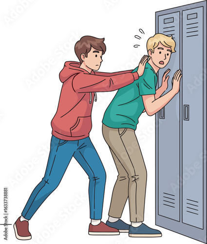 Teenage boy in a red hoodie aggressively pushing a scared student against school lockers.