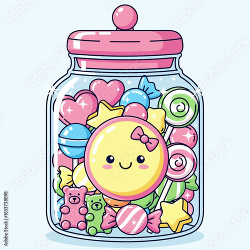 Kawaii candy jar with happy sweets characters
