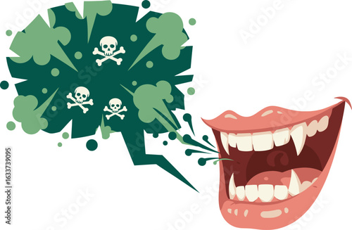 A cartoon vampire mouth with sharp fangs exhaling toxic green breath with skull and crossbones symbols.