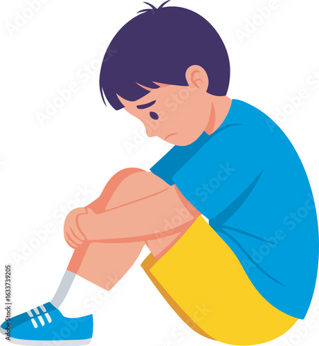 Sad young boy with dark hair sitting alone hugging his knees with a dejected expression.