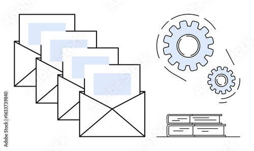 Open envelopes with message papers, floating gears, and stacked books symbolizing email automation, digital communication, task workflow, education, information sharing, system integration