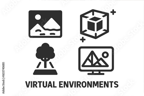 Virtual Environments Icon Set, VR Simulation, Augmented Reality, 3D World, Digital Landscape, Computer Generated Nature, Technology Symbols, Immersive Experience, Scene Creation, Interactive Design