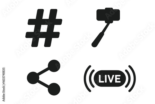 Solid Social Media Vector Icon Set. Hashtag Symbol, Selfie Stick, Share Connection, Live Stream Broadcast. Black Filled Modern Internet Communication Symbols. Marketing and Networking Concept.