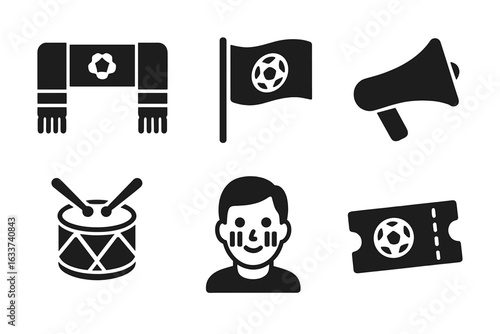 Soccer Fan Accessories Icon Set. Solid Vector Collection Featuring Football Scarf, Supporters Flag, Megaphone, Drum, Face Paint, Ticket. Sports Game Spirit Symbols for Fans, Transparent Background