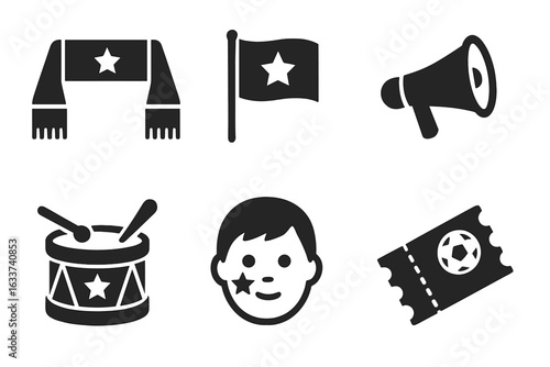 Soccer Fan Gear Icons Set. Solid filled vector illustration of supporter scarf, flag, megaphone, drum, face paint, and match ticket. Football supporter accessories. Game day fan essentials