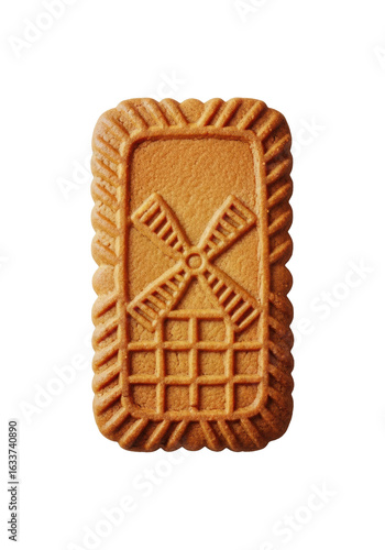 A single classic Belgian Speculoos cookie, rich golden-brown with embossed pattern, on a seamless transparent background with even diffused light, high-quality product concept