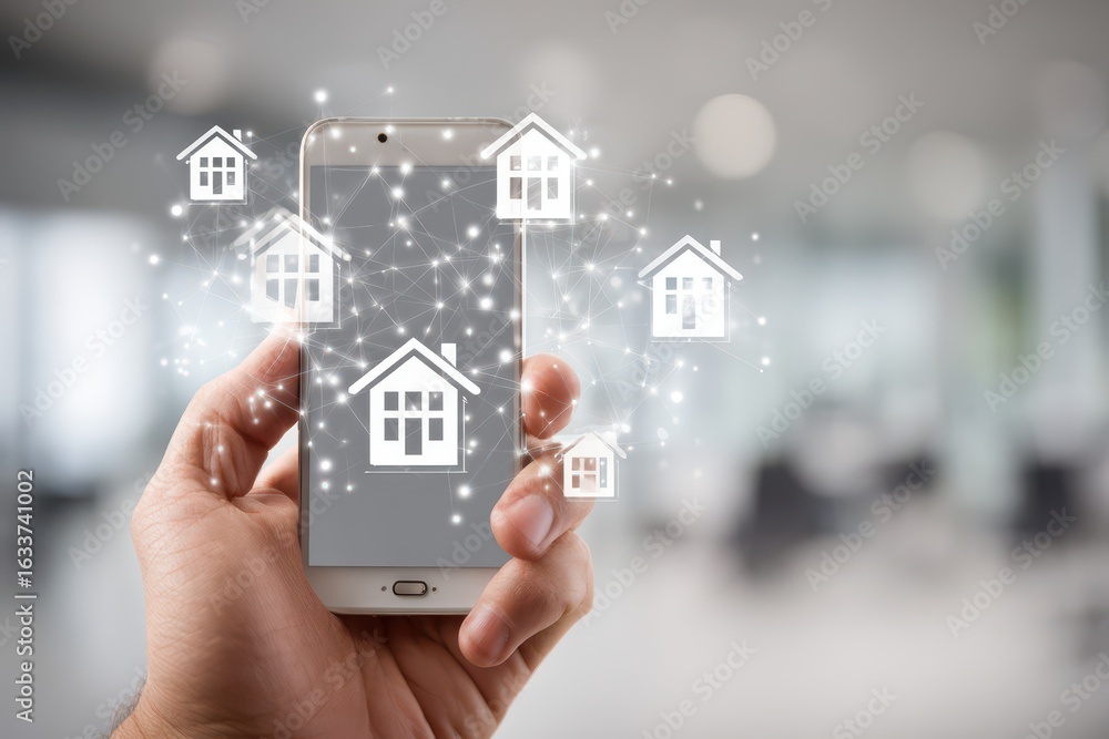 Smartphone with house icons, networking concept Smartphone with house icons, networking concept