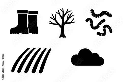 Early Spring Agriculture Vector Icons Set – Muddy Boots, Bare Tree, Earthworms, Plowed Field Rows, Cloudy Sky. Farming, Soil, Seasonal Cultivation, Garden Work, Rural Landscape Symbols Illustration