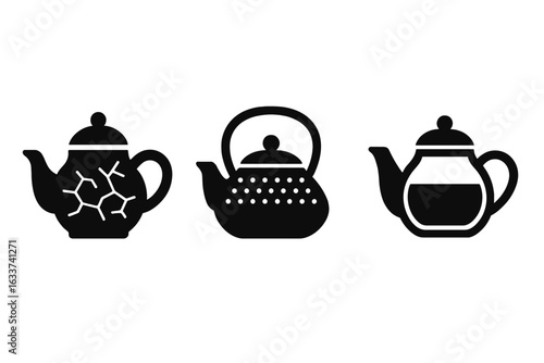Solid Vector Teapot Material Icons Set. Porcelain Teapot With Crackle Texture, Cast Iron Teapot With Dotted Pattern, Glass Teapot With Liquid. Modern Minimalist Kitchen Drinkware, Isolated Symbols