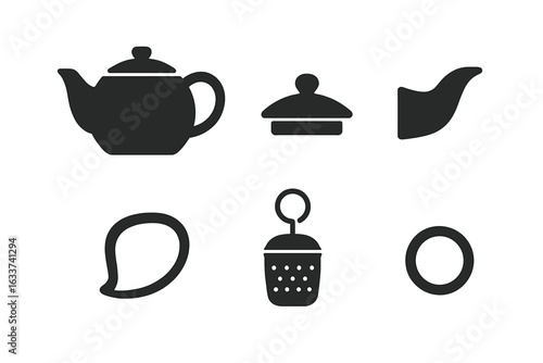 Teapot Parts Icon Set Vector. Solid silhouette teapot components including teapot body, lid, spout, handle, tea infuser, knob, and base ring. Kitchen utensil symbols for tea brewing illustrations.