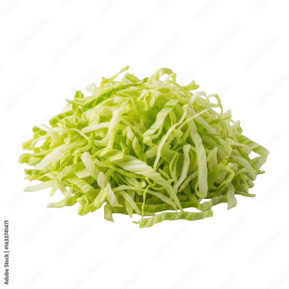 Ultra-photorealistic UHD macro shot of a generous, fresh pile of finely shredded light green iceberg lettuce on a clean transparent background, ready for tacos, emphasizing product appeal for culinary Ultra-photorealistic UHD macro shot of a generous, fresh pile of finely shredded light green iceberg lettuce on a clean transparent background, ready for tacos, emphasizing product appeal for culinary