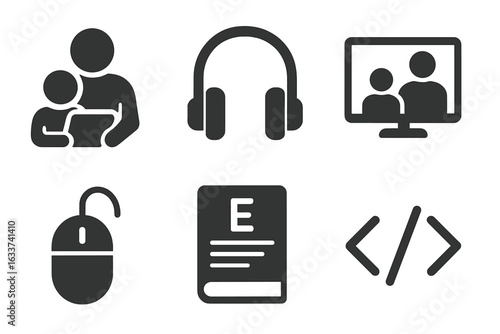 Modern Digital Learning and Technology Icons Set. Parent Child Online Education, Tablet Usage, Headphones, Video Conference, Computer Mouse, E-Book, Coding Symbol. EdTech Vector Illustration