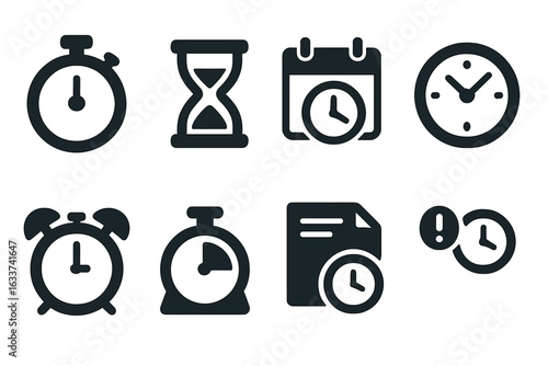 Time management icons collection. Stopwatch, hourglass, calendar, clock, alarm, timer, deadline, urgency, schedule planner, punctuality, reminder, task time tracking, solid vector set.