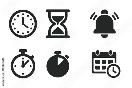 Solid Time Management Icons Set. Vector Clock, Hourglass, Alarm Bell, Stopwatch, Timer, Schedule, Calendar Symbols. Time Tracking Tools. Deadline, Reminder, Planning, Productivity, Efficiency Concepts