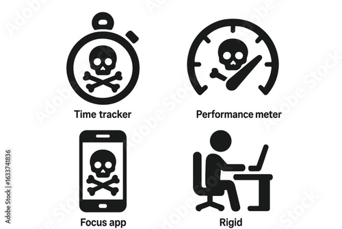 Toxic Productivity Vector Icons Set. Skull and Bones Sign on Time Tracker, Performance Meter, Focus App, Rigid Workspace. Burnout, Overwork, Mental Health, Negative Productivity Concept Illustration