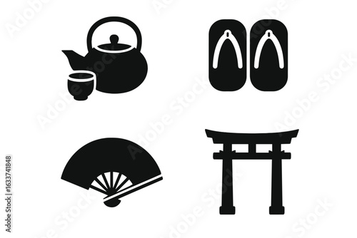Traditional Japanese Culture Icon Set. Solid Black Symbol Collection. Tea Ceremony Set, Geta Sandals, Folding Hand Fan, Torii Gate. Japanese Heritage, Customs, Landmarks, Vector Illustration